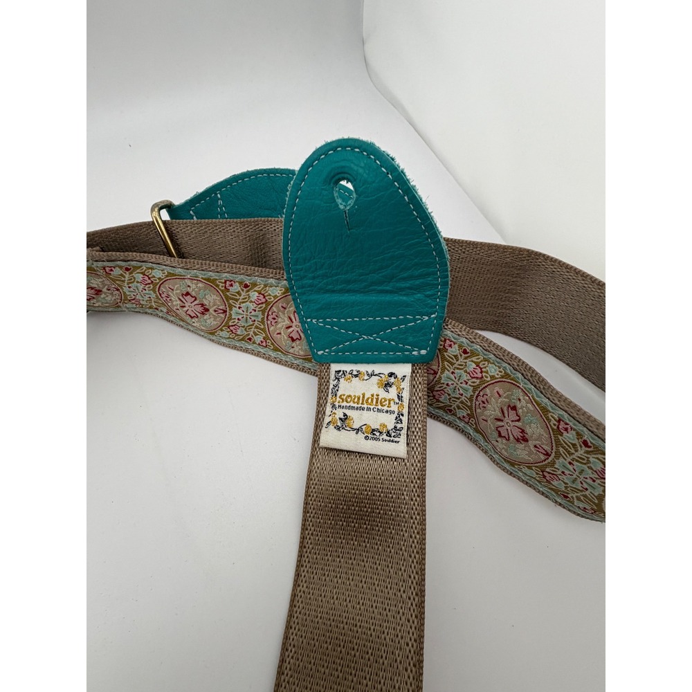 Souldier Custom Guitar Strap Vintage Fabric Recycled Seatbelt Teal Leather Ends - Picture 3 of 5